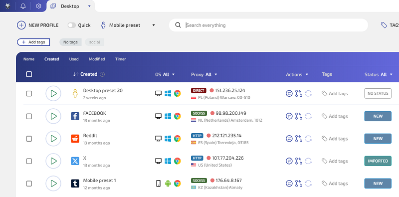anti-detect browser interface